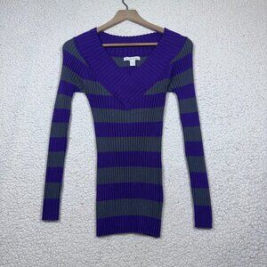 Women's Y2K Twilightcore Purple Gray Striped V Neck Stretchy Sweater Size Large